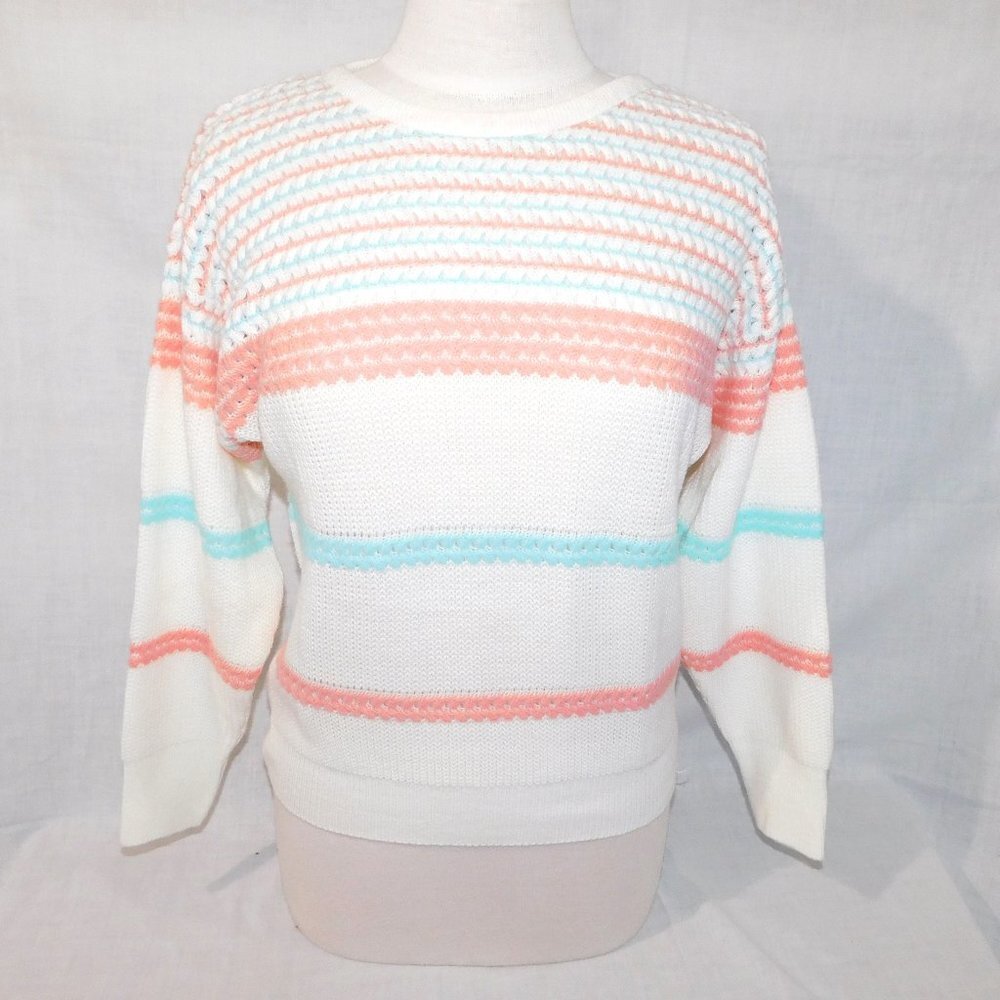 Vintage 80s Retro Acrylic White Pink Blue Sweater Les Tricots Femina Womens M